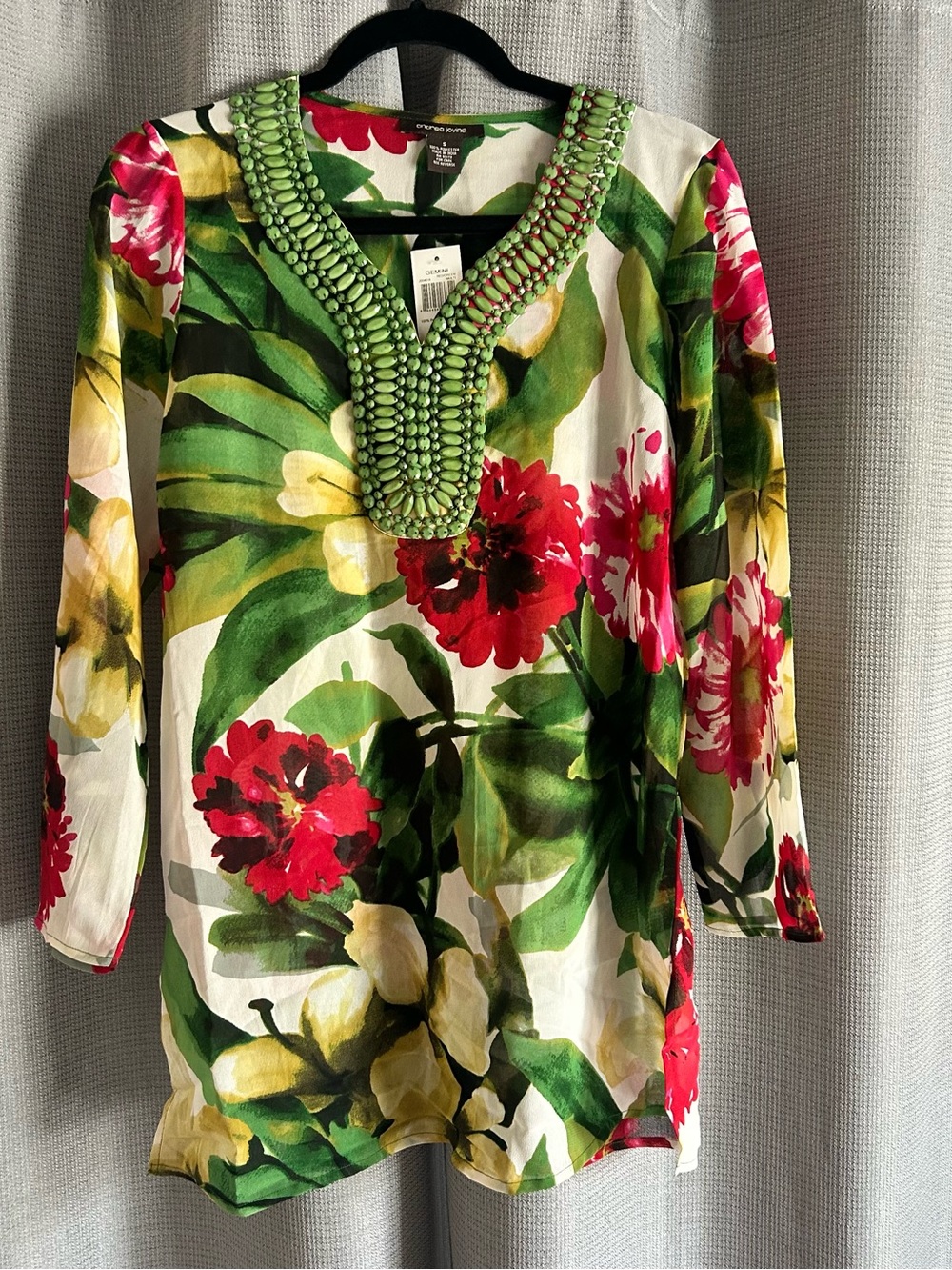 Bright Bohemian Floral Tunic with Beaded V-Neck
